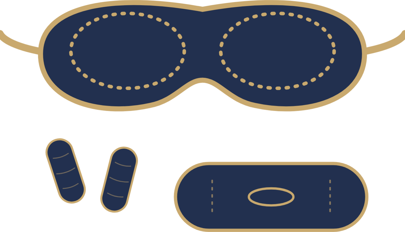 Contoured sleep mask, foam earplugs and mouth tape